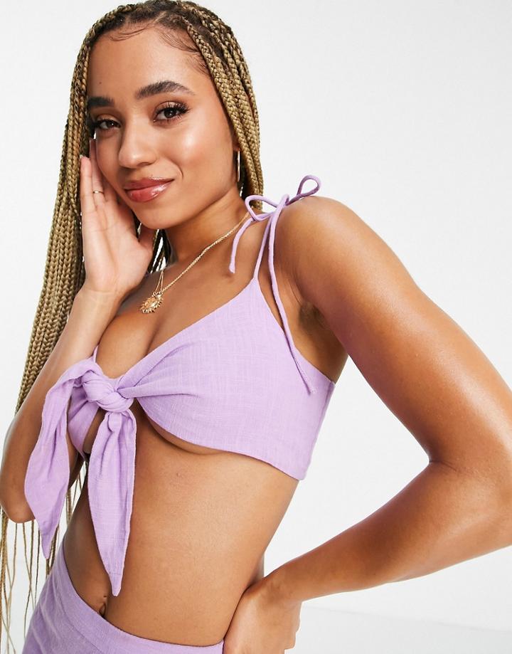 Asos Design Textured Tie Front Crop Beach Top In Lilac-purple