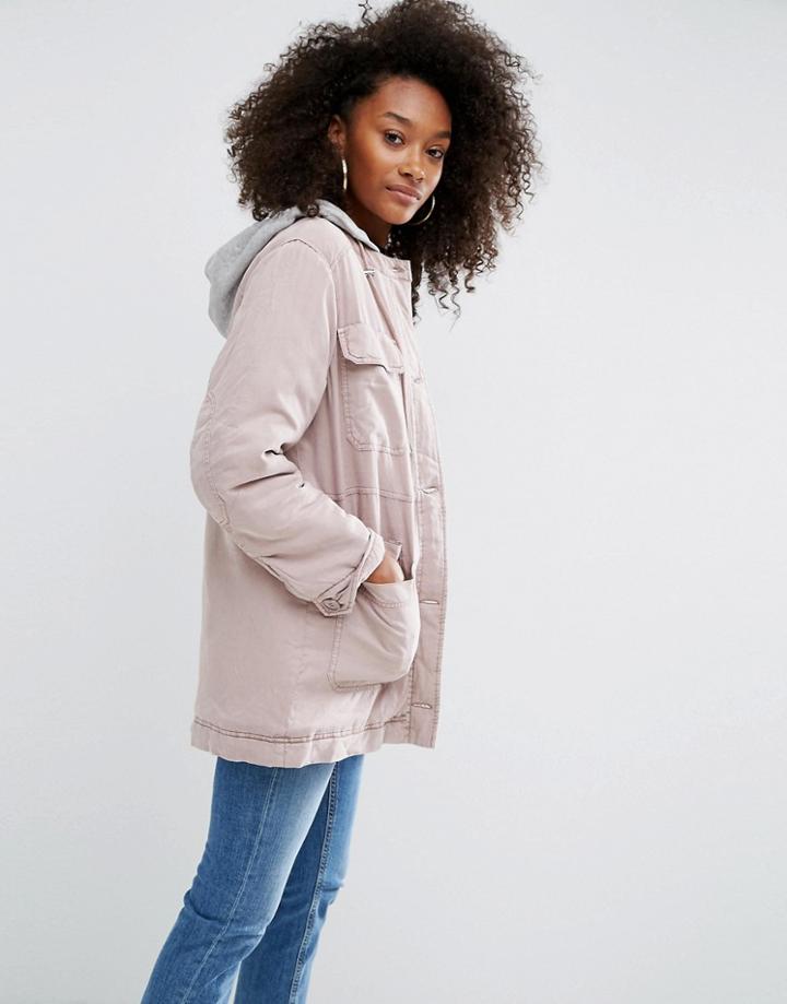 Asos Washed Hooded Jacket With Padded Liner - Pink