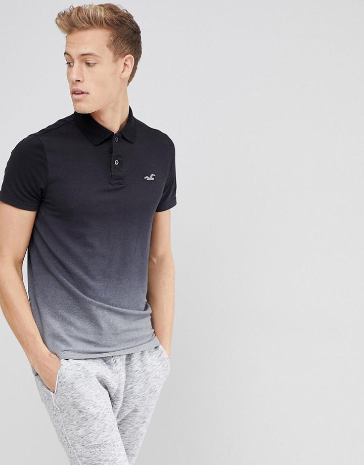 Hollister Stretch Pique Polo Seagull Logo In Black Dip Dye - Black