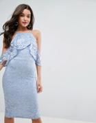 Asos Lace Wrap Front Ruffle Lace Midi Bodycon Dress - Blue