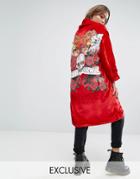 One Above Another Kimono In Velvet With Anti Social Eagle Back Print - Red