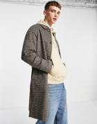 Asos Design Wool Mix Overcoat In Brown Check-grey