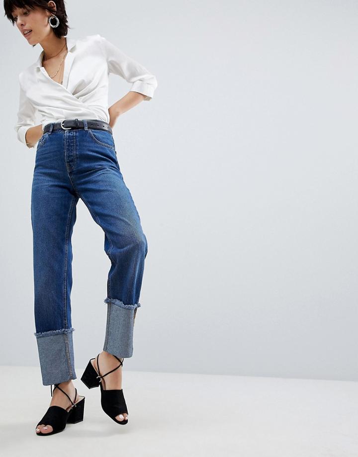 Warehouse Turn Up Frayed Hem Jeans - Blue