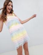 Asos Design Tiered Mini Dress In Pastel Color Block Tulle - Multi