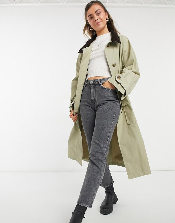 Asos Design Oversized Trench Coat With Corduroy Collar In Stone-neutral