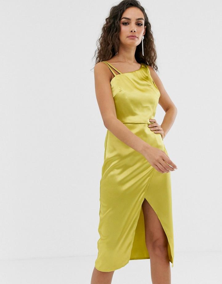 Outrageous Fortune Satin Asymmetric Shoulder Dress In Lime-yellow