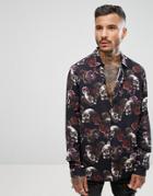 Asos Regular Fit Viscose Shirt With Skull And Rose Print - Black