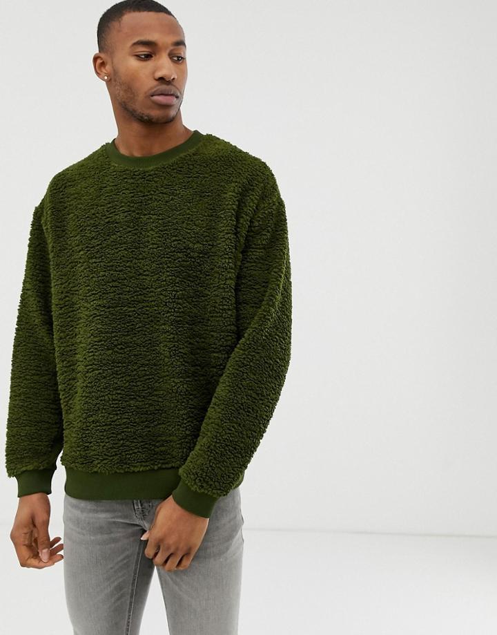 Asos Design Oversized Sweatshirt In Borg With Rib Panels In Khaki-green