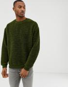 Asos Design Oversized Sweatshirt In Borg With Rib Panels In Khaki-green