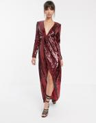 Asos Edition Plunge Asymmetric Maxi Dress In Sequin-red