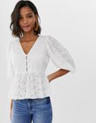 Asos Design Tea Blouse In Broderie With Volume Sleeve - White
