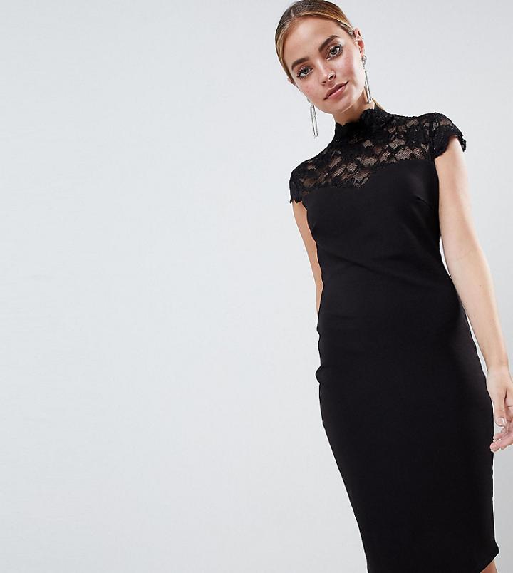 City Goddess Petite Open Back Midi Dress With Lace Insert - Black