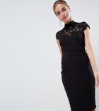 City Goddess Petite Open Back Midi Dress With Lace Insert - Black