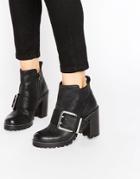Office Apex Buckle Leather Chunky Heeled Ankle Boots - Black