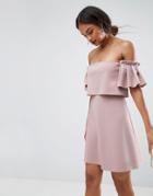Asos Scuba Crop Top Ruffle Bardot Mini Dress - Beige