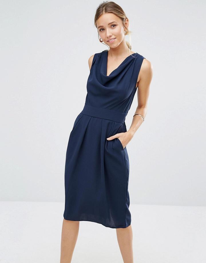 Closet Cowl Neck Tie Back Dress - Navy