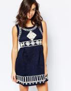 Qed London Embroidered Skater Dress - Navy