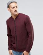 Asos Knitted Cable Bomber In Burgundy - Burgundy