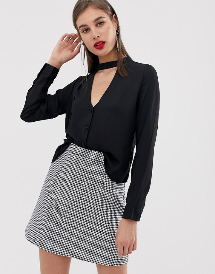 Unique21 Striped Shirt With Tie Collar-black