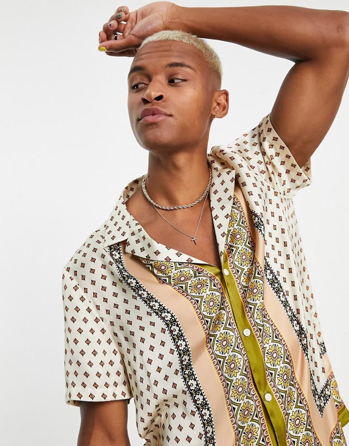 Asos Design Relaxed Revere Satin Shirt With Pattern Border-multi