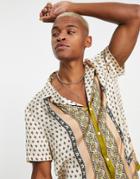 Asos Design Relaxed Revere Satin Shirt With Pattern Border-multi