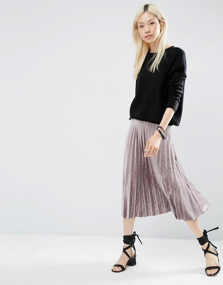 Asos Pleated Midi Skirt In Velvet - Gray