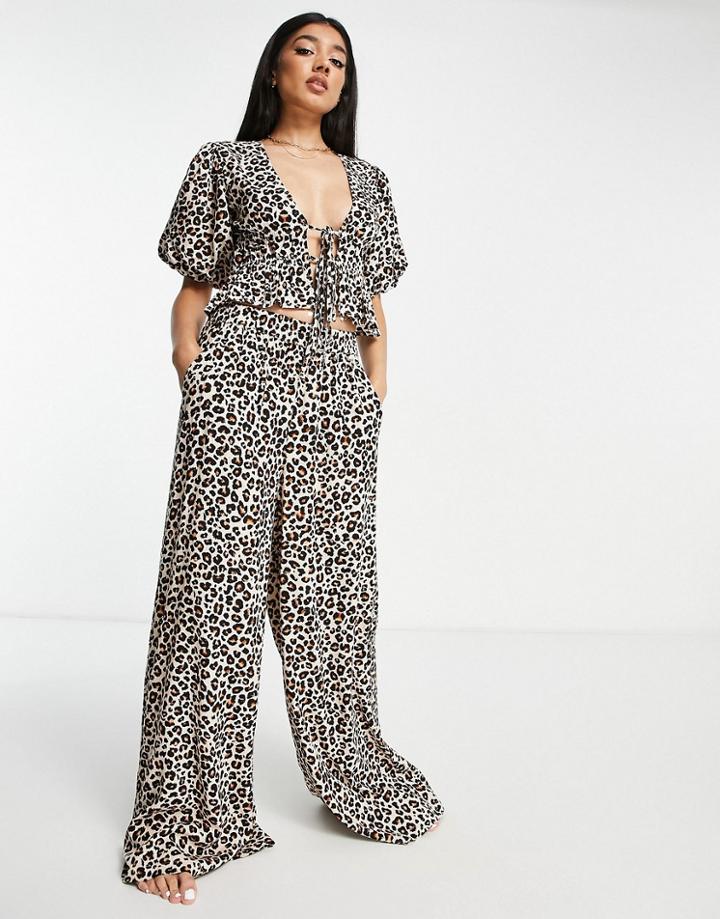 Influence Beach Crop Top And Pants In Leopard Print-brown