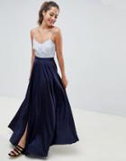 Asos Design Satin Maxi Skirt With Center Front Split - Navy