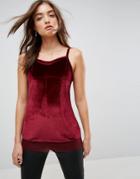 Asos Cami In Velvet With Mesh Hem Detail And Square Neck - Red