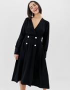 Monki V-neck Midi Dress With Button Details In Black - Black
