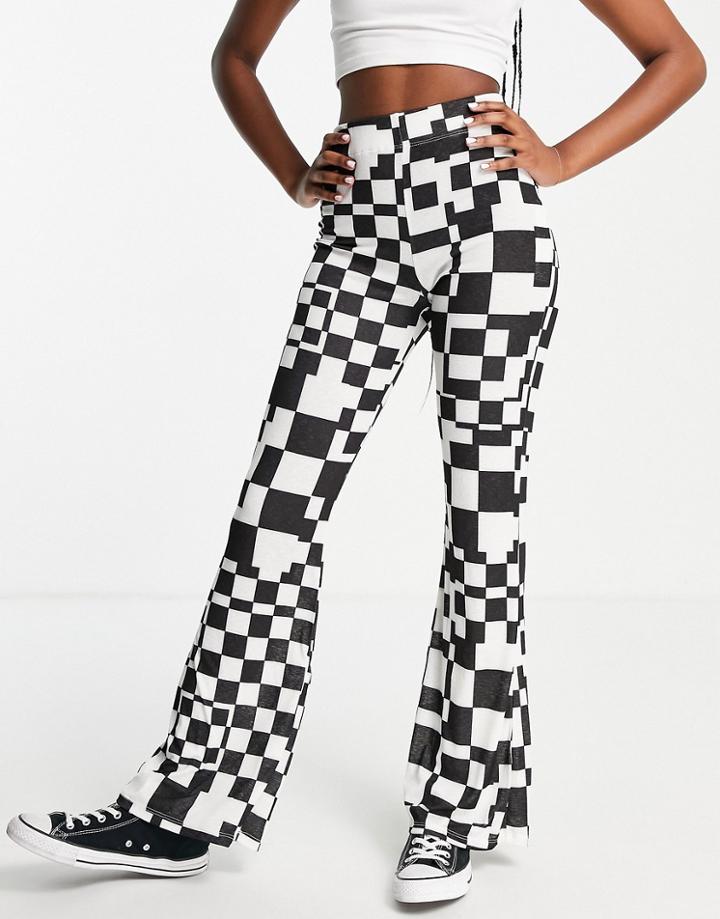 Topshop Set Checkerboard Flared Pants In Monochrome-multi