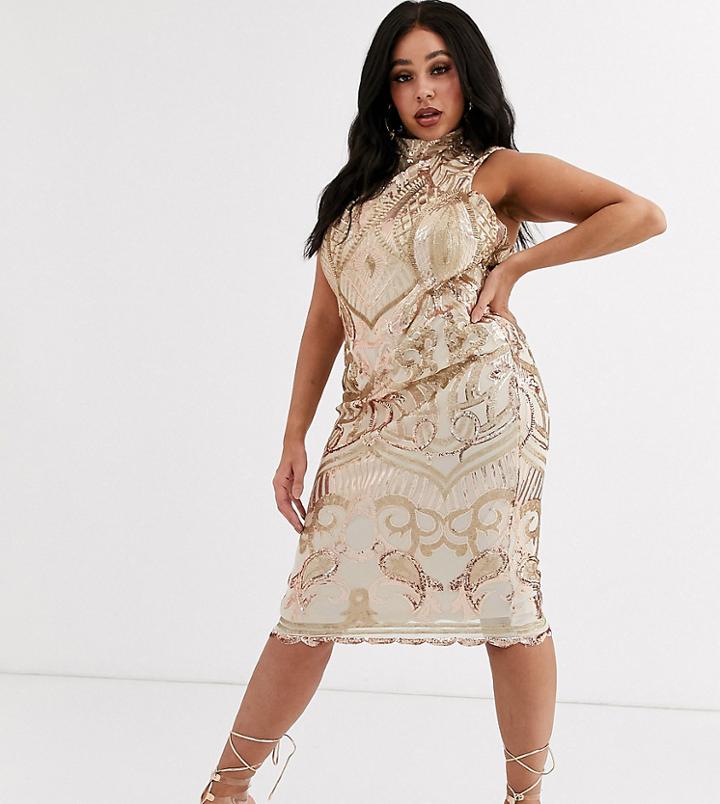 Goddiva Plus Cut Out Back Detail Midi Dress In Gold