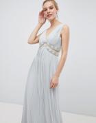 Asos Design Pleated Maxi Dress With Embellished Trim - Gray