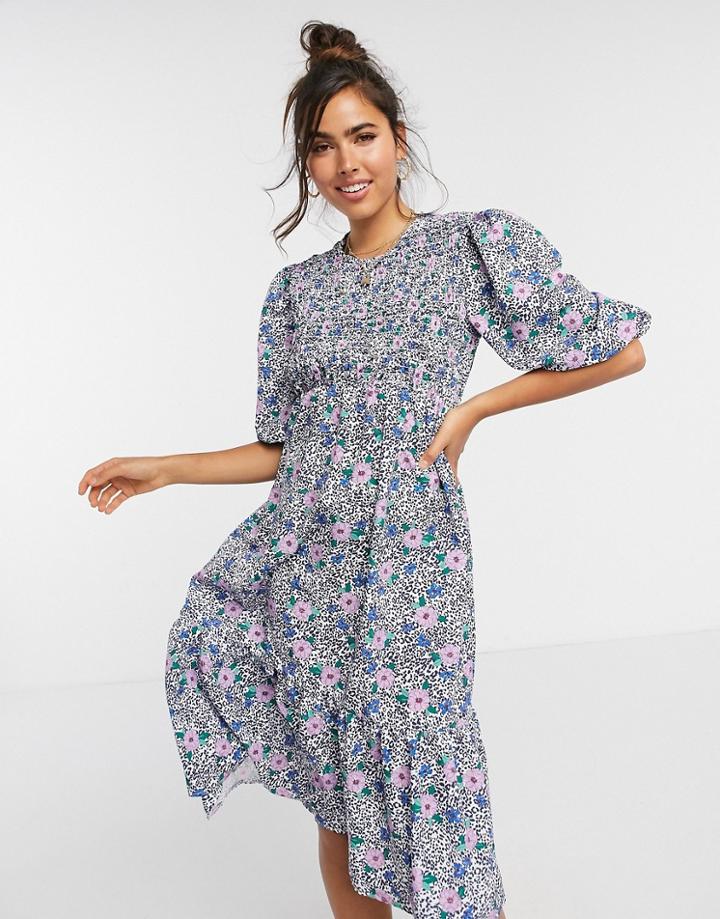 John Zack Shirred Bust Detail Midaxi Smock Dress In Blue Floral Print-multi