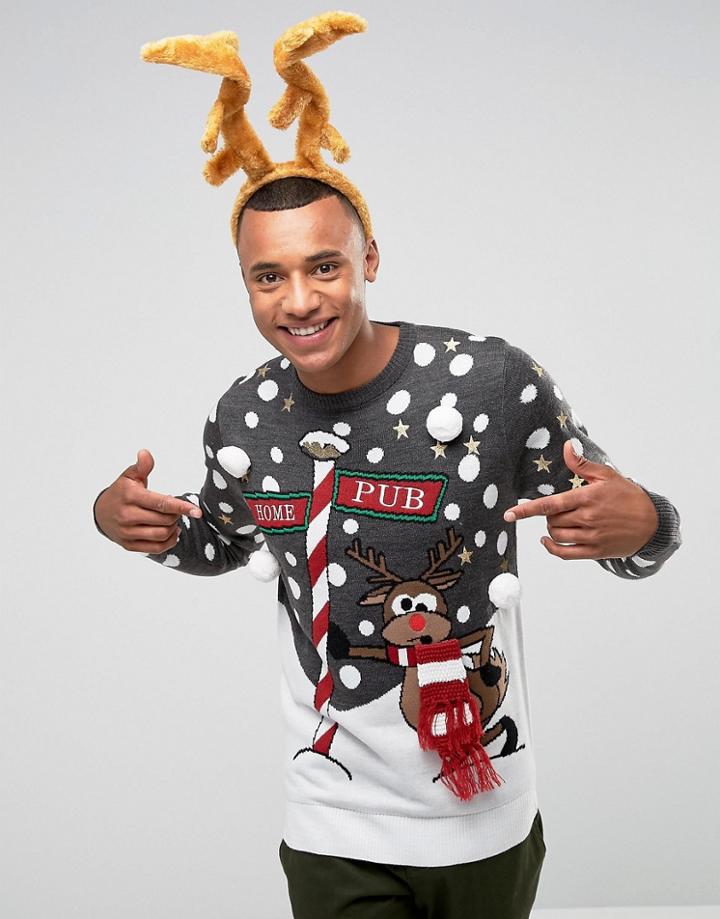 Brave Soul Holidays Naughty Reindeer Sweater - Gray