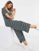 Asos Design Button Front Tea Jumpsuit In Dark Green Polkadot-multi