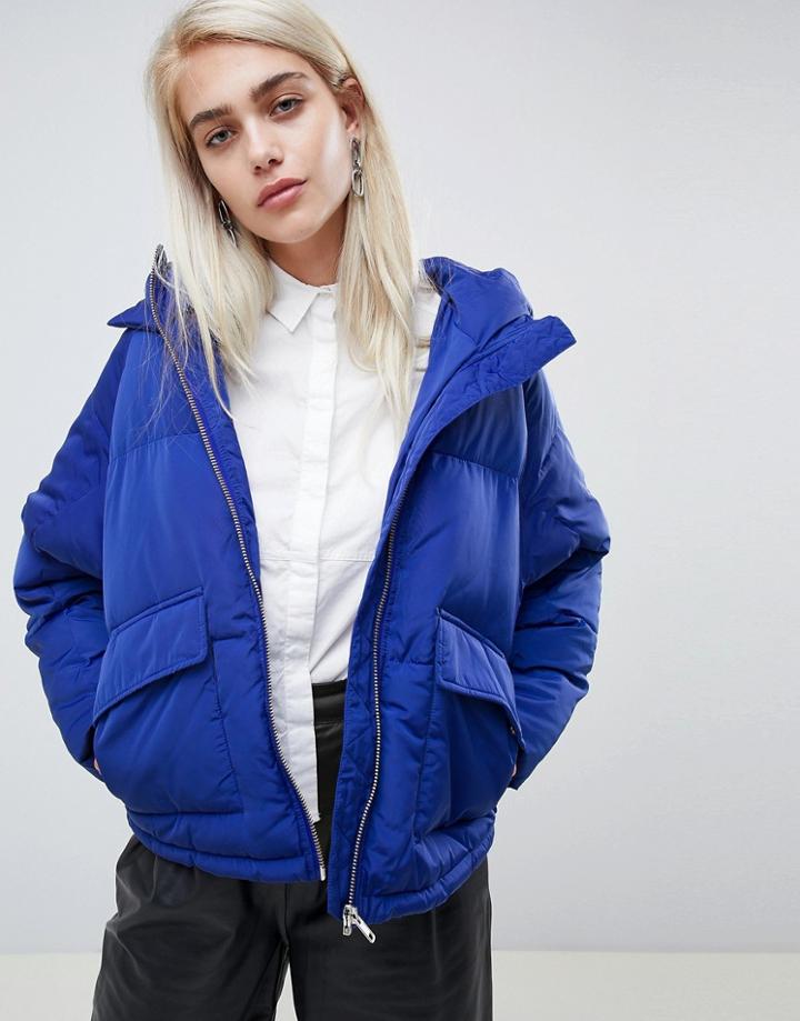 Moss Copenhagen Oversized Padded Jacket With Hood - Blue