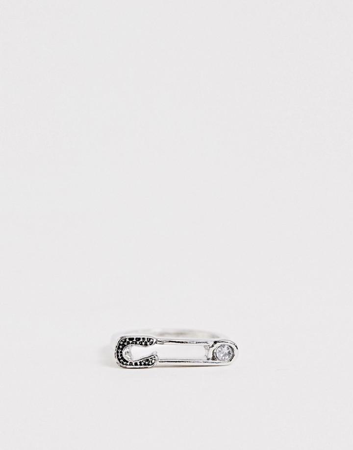 Asos Design Ring In Single Safety Pin Design In Silver Tone - Silver