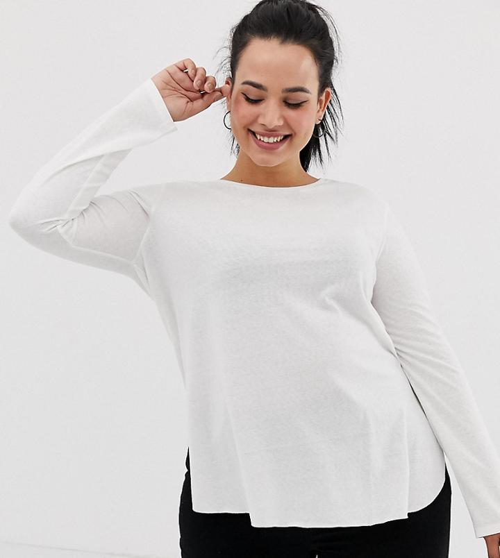Asos Design Curve Long Sleeve T-shirt In Linen Mix Mix In White