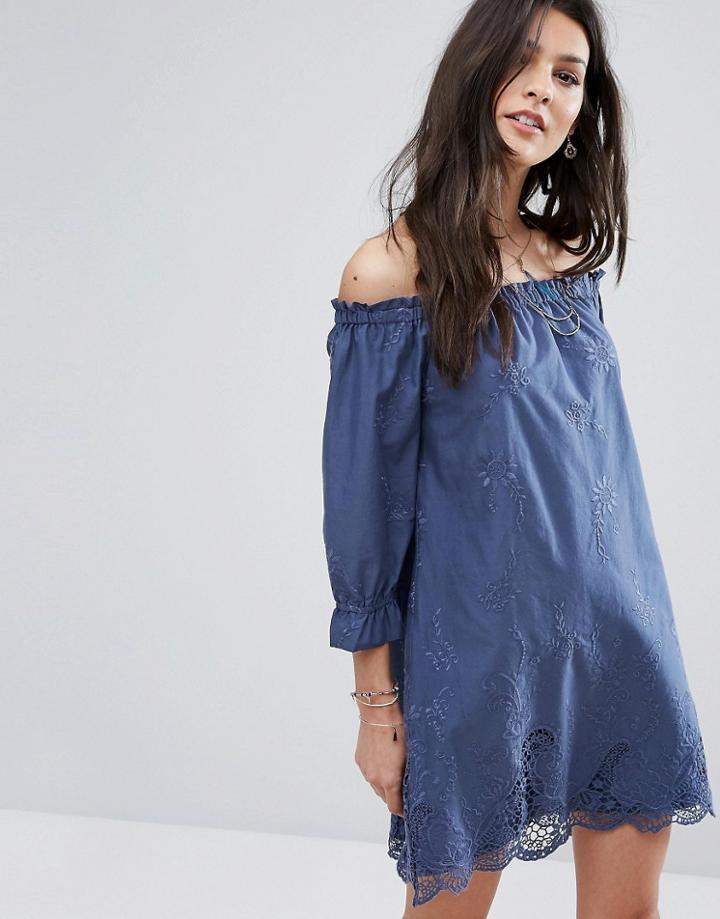 Abercrombie & Fitch Off-shoulder Embroidered Dress - Blue