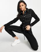 Rebellious Fashion Long Sleeve Contrast Stitch Jumpsuit In Black