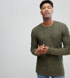Asos Tall Cable Knit Sweater In Khaki - Green