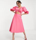 Collective The Label Petite Twist Front Cut Out Back Midi Dress In Bright Pink