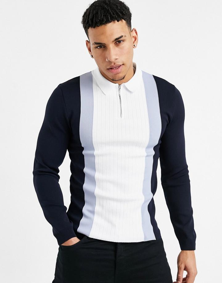 River Island Blocked Polo In Navy