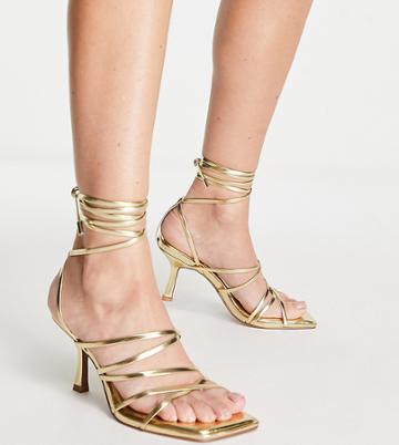 Asos Design Wide Fit Hiccup Strappy Tie Leg Mid Heeled Sandals In Gold