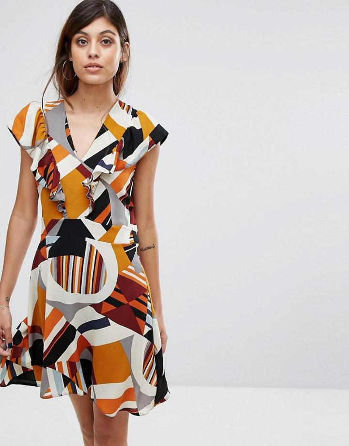 Liquorish Frill Front Dress In Geo Print - Multi