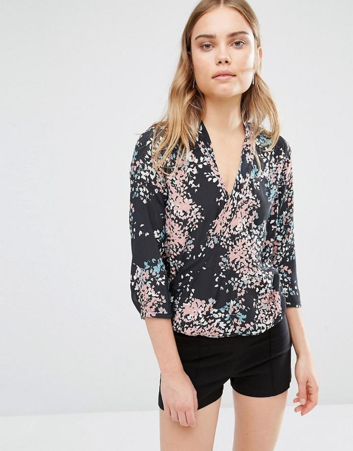 Sisley Graphic Print Split Front Blouse - Black