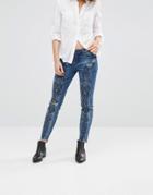 Blank Nyc Print Slim Jeans With Ripped Knees And Raw Hem - Blue
