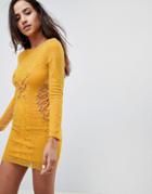 Asos Mustard Lace Long Sleeve Mini Dress With Ring Detail-yellow