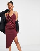 Asos Design Cami Satin Mix Twist Asymmetric Mini Dress In Wine-multi